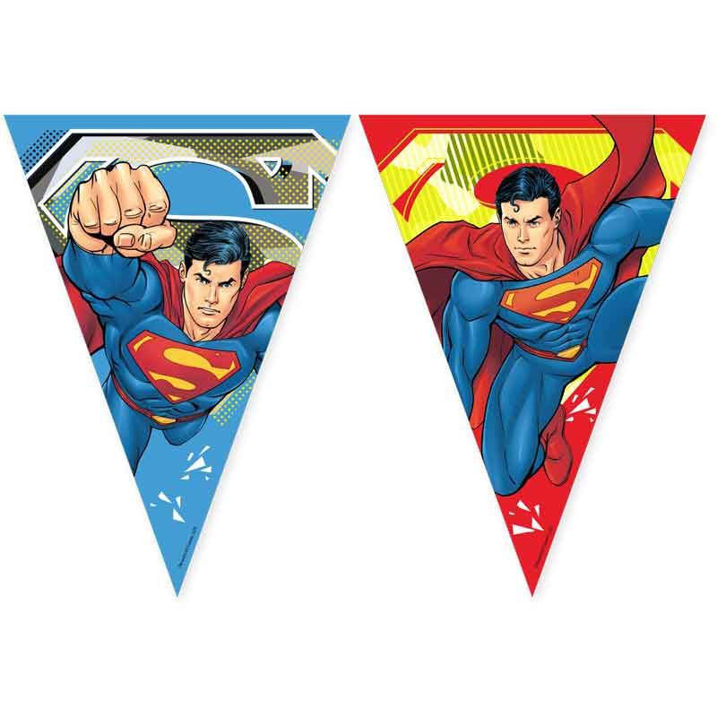 Superman Krypton Flag Paper Banner 2.3m unfurled dramatically, showcasing cosmic Krypton motifs on FSC-certified paper for kids' superhero party decor