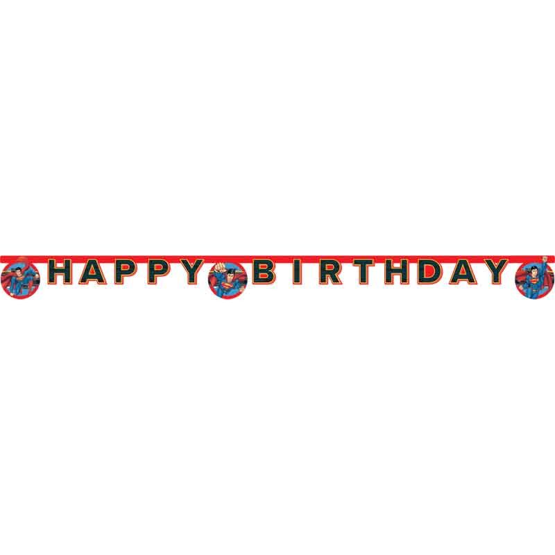 Superman Krypton Happy Birthday Die-Cut Banner 2m displayed festively, with cosmic designs on FSC-certified paper for kids' superhero birthday decor