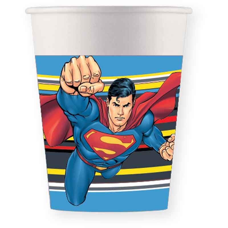Superman Krypton 200ml Paper Cups Pack of 8 stacked boldly, featuring Krypton-themed designs on FSC-certified disposables for kids' superhero sip sessions