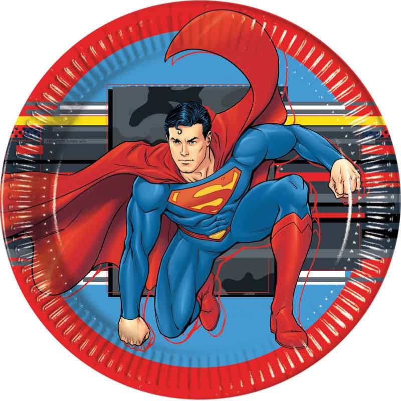 Superman Krypton 23cm Paper Plates Pack of 8 stacked dynamically, featuring bold Krypton designs on FSC-certified disposable rounds for kids' superhero parties