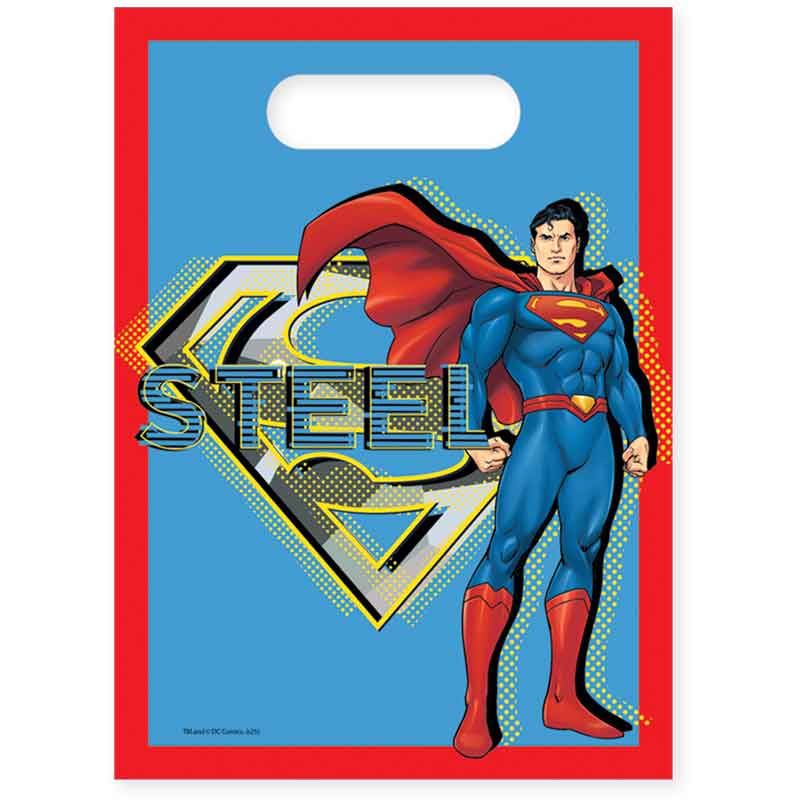 Superman Krypton Party Bags Pack of 6 folded neatly, featuring cosmic Krypton motifs on FSC-certified 23x16.5cm paper for kids' superhero loot distribution