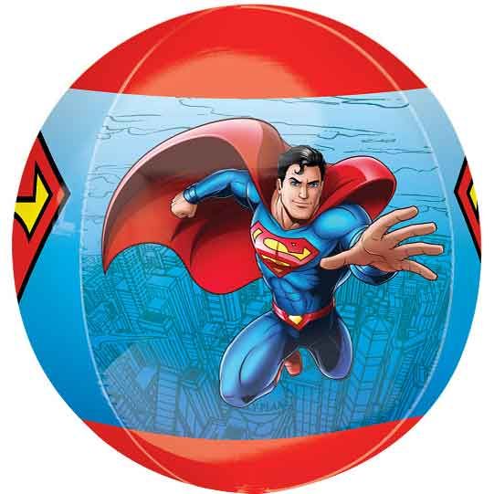 Superman Orbz Foil Helium Balloon 38cm/15in inflated spherically, showcasing all-around Man of Steel designs on shiny foil for kids' superhero party decor