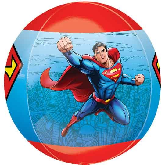Superman Orbz Foil Helium Balloon 38cm/15in inflated spherically, showcasing all-around Man of Steel designs on shiny foil for kids' superhero party decor