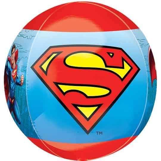 Superman Orbz Foil Helium Balloon 38cm/15in inflated spherically, showcasing all-around Man of Steel designs on shiny foil for kids' superhero party decor