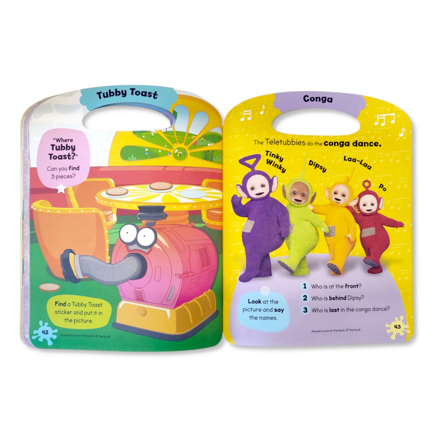 Close-up of Teletubbies puzzle and colouring pages with 2 sticker sheets for toddlers