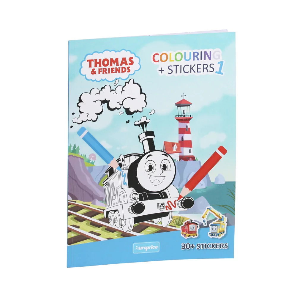 Thomas and Friends Colouring + Stickers 1 Book front cover with train outlines on soft cover, 24 pages 28x21cm for ages 4-6