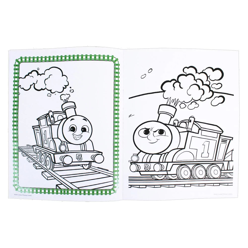 Interior spread of Thomas and Friends Colouring + Stickers 1 Book showing sample colouring pages and sticker sheet for kids' railway creativity