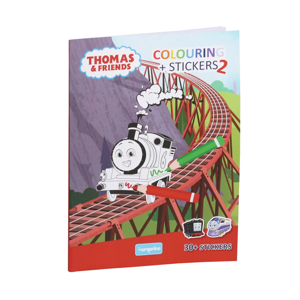 Thomas and Friends Colouring + Stickers 2 Book front cover with train outlines on soft cover, 24 pages 28x21cm for ages 4-6