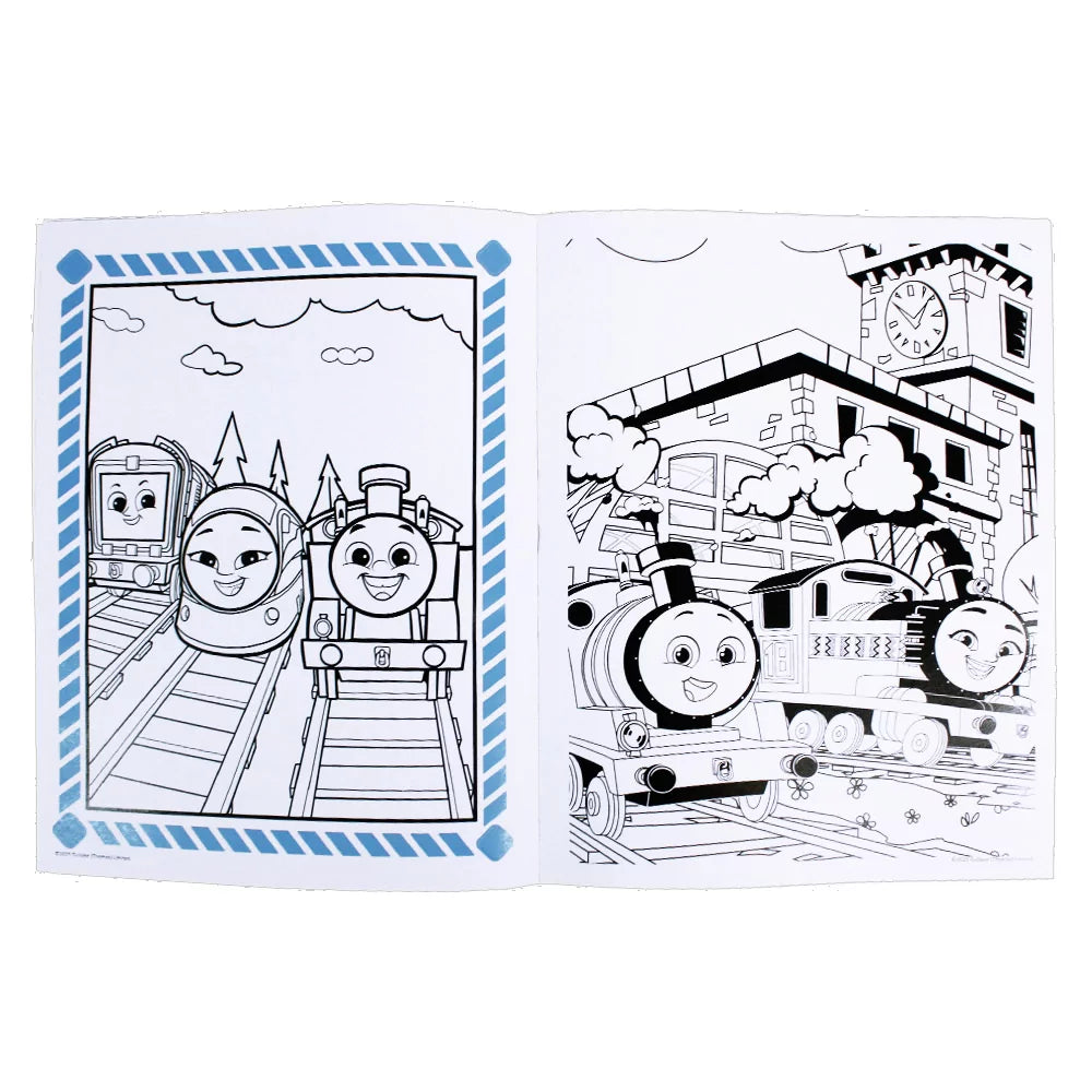Interior spread of Thomas and Friends Colouring + Stickers 2 Book showing sample colouring pages and sticker sheet for kids' railway creativity