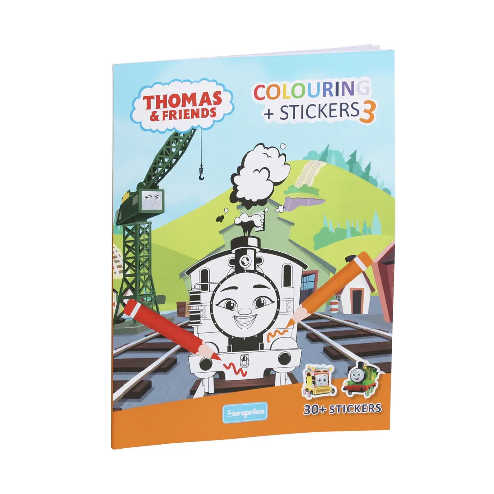 Thomas and Friends Colouring + Stickers 3 Book front cover with train outlines on soft cover, 24 pages 28x21cm for ages 4-6