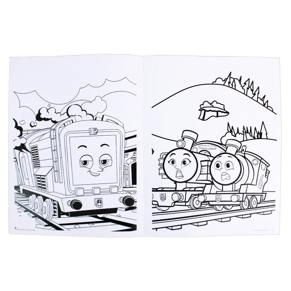 Interior spread of Thomas and Friends Colouring + Stickers 3 Book showing sample colouring pages and sticker sheet for kids' railway creativity