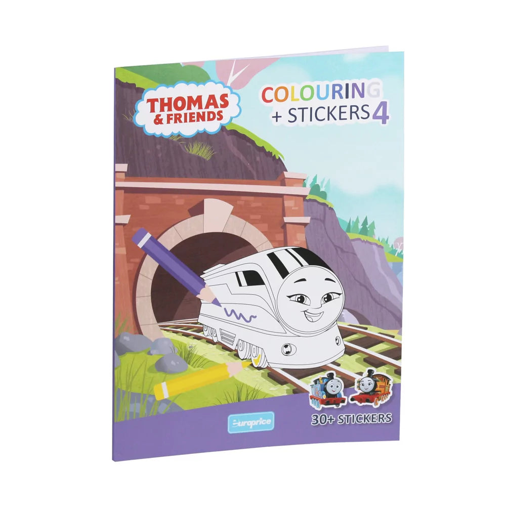 Thomas and Friends Colouring + Stickers 4 Book front cover with train outlines on soft cover, 24 pages 28x21cm for ages 4-6