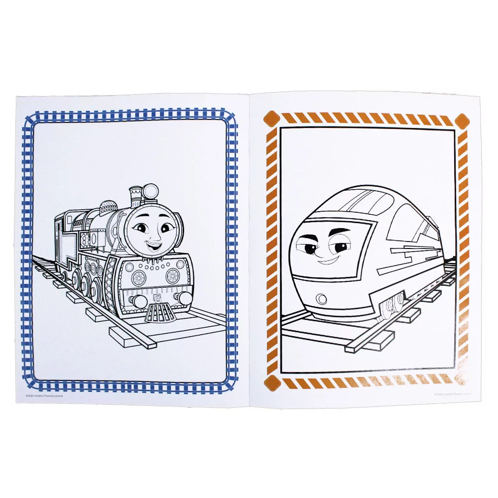 Interior spread of Thomas and Friends Colouring + Stickers 4 Book showing sample colouring pages and sticker sheet for kids' railway creativity