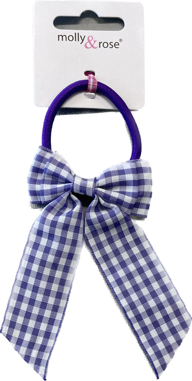 Purple Gingham Bow with Tails on Elastic - Anilas UK