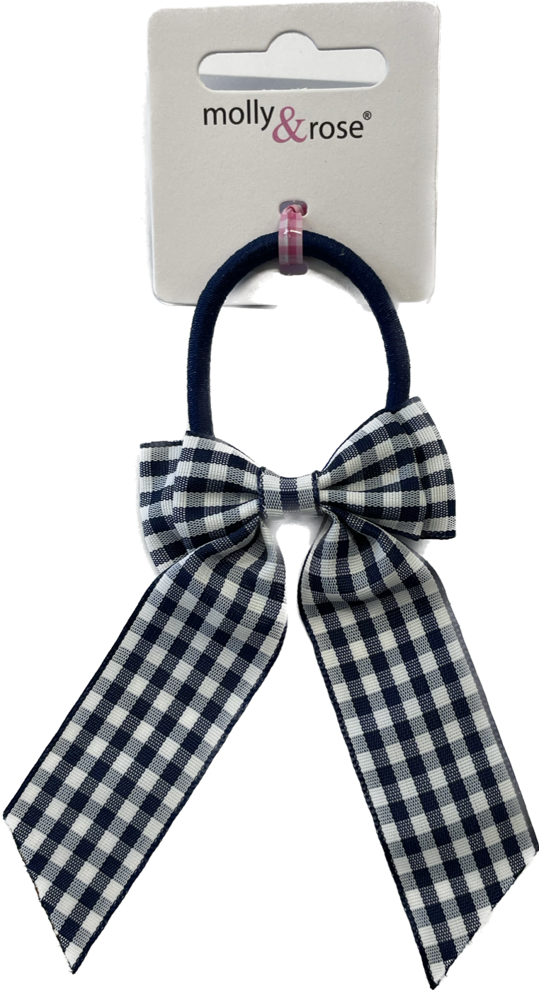 Navy Blue Gingham Bow with Tails on Elastic - Anilas UK