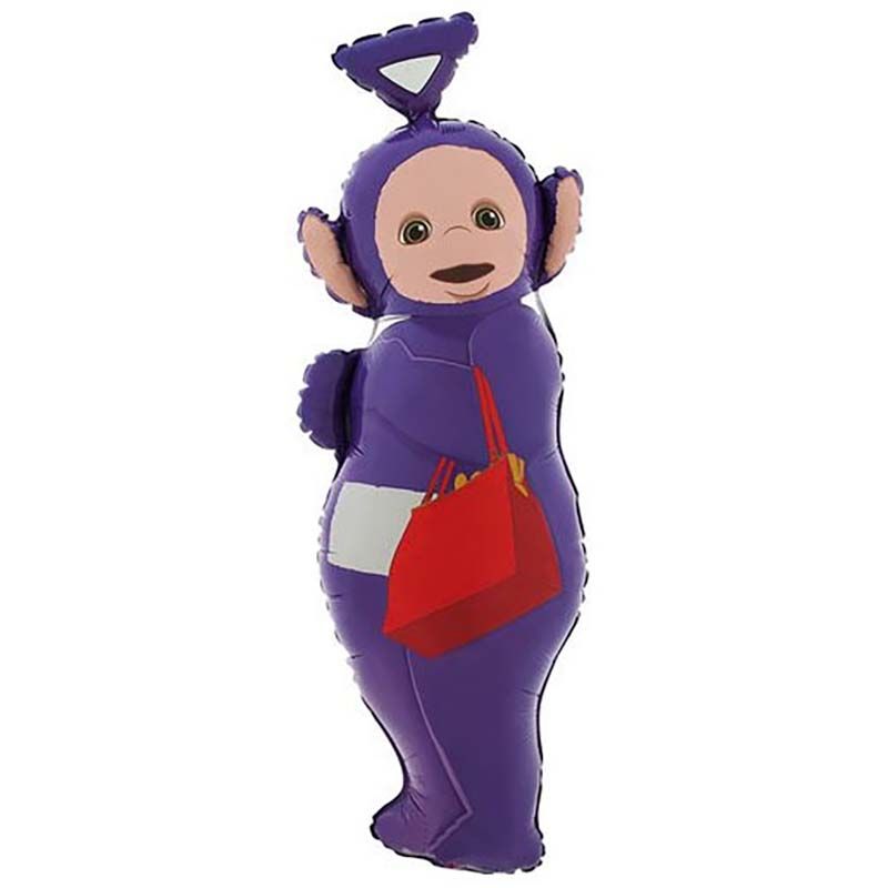 Tinky Winky Purple Teletubbie Foil Balloon 36 inch uninflated with striped bag design