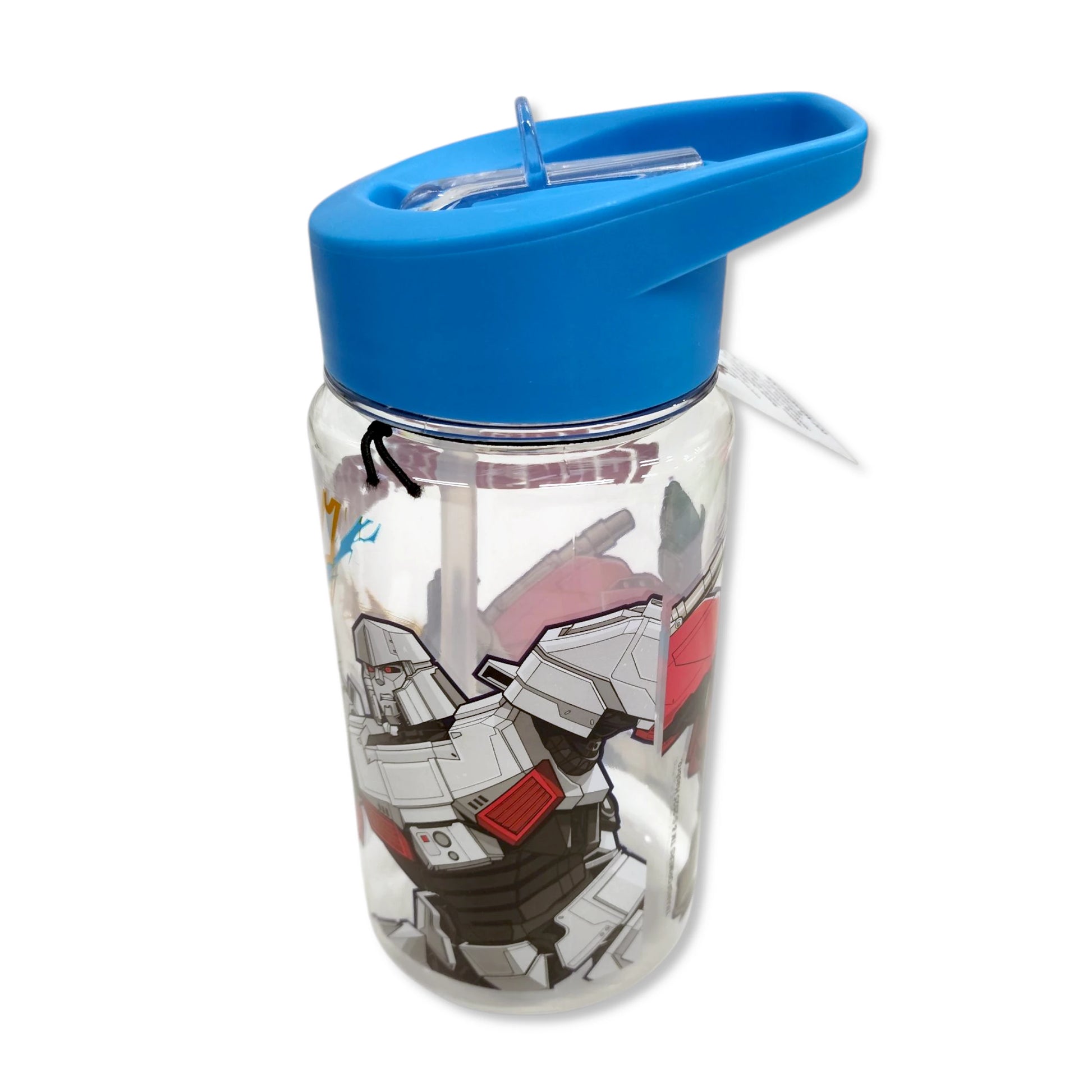 Transformers 450ml Kids Water Bottle front view showing Optimus Prime motifs with flip-top straw and ring handle on BPA-free plastic for easy transport