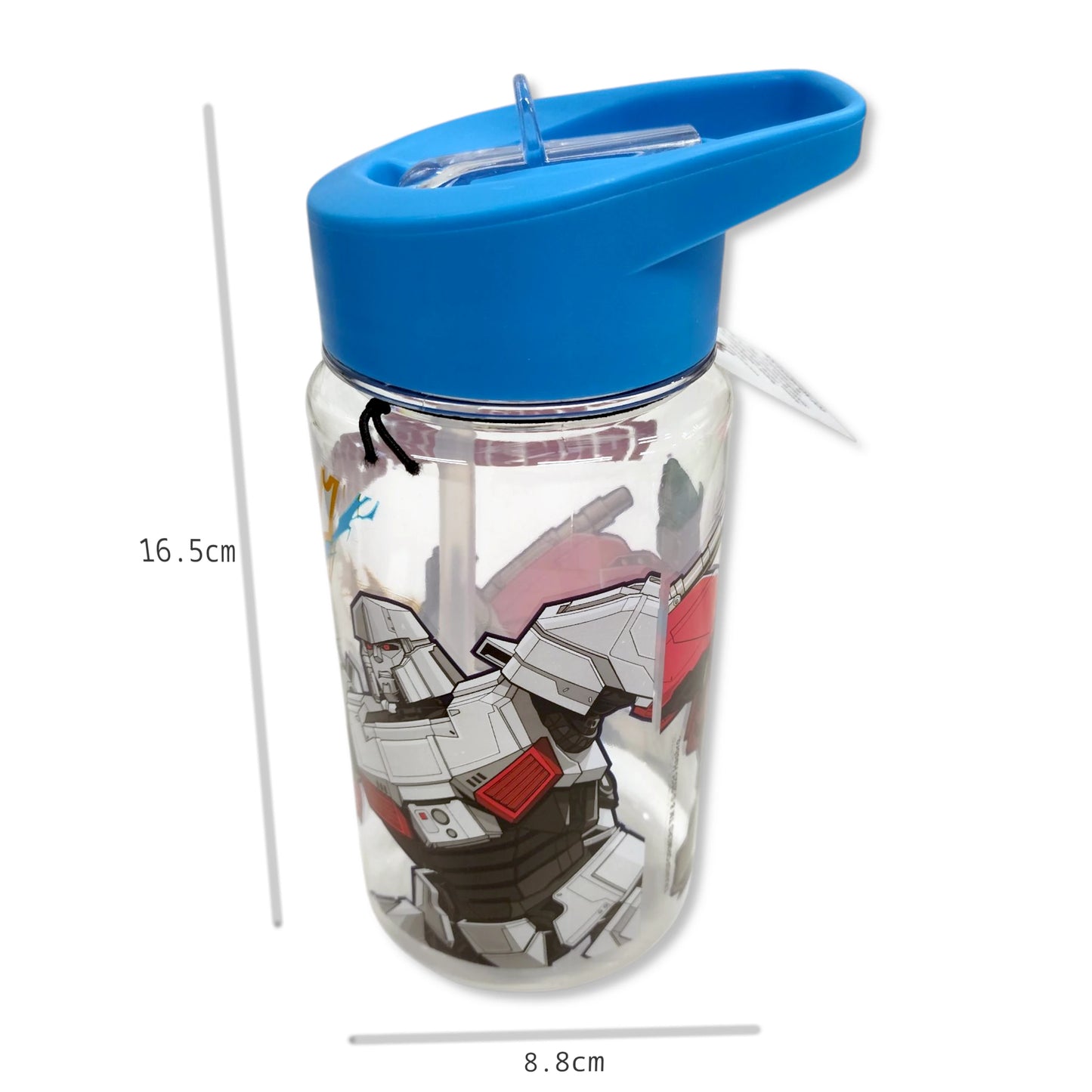 Transformers Water Bottle size view highlighting 450ml capacity, 16.5x8.8cm dimensions, and compact shape for backpacks and little hands