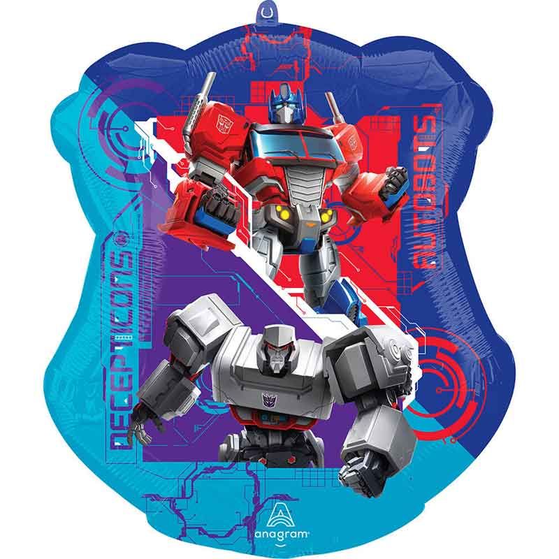 Transformers Supershape Foil Balloon 53x55cm inflated dynamically, showcasing Optimus Prime and Autobot designs on helium-quality foil for kids' robot party decor