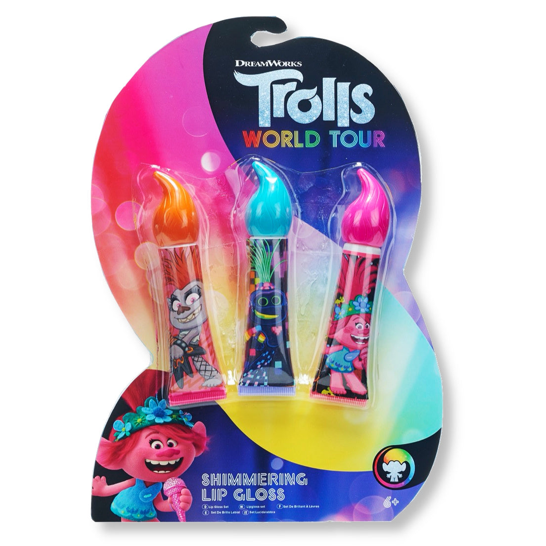 Trolls World Tour Shimmering Lip Colours set with green, orange, magenta in 12ml tubes