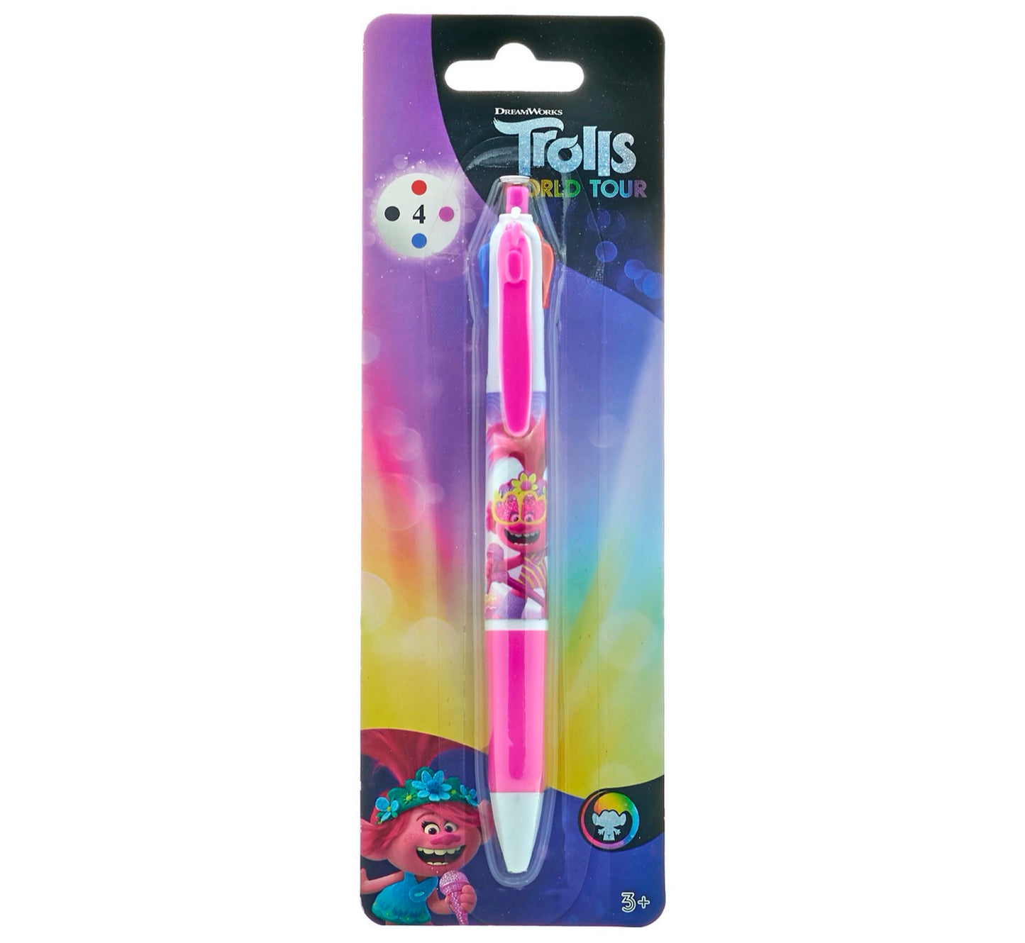 Trolls World Tour 4 Colours Pen with blue, black, red, magenta refills in plastic blister pack