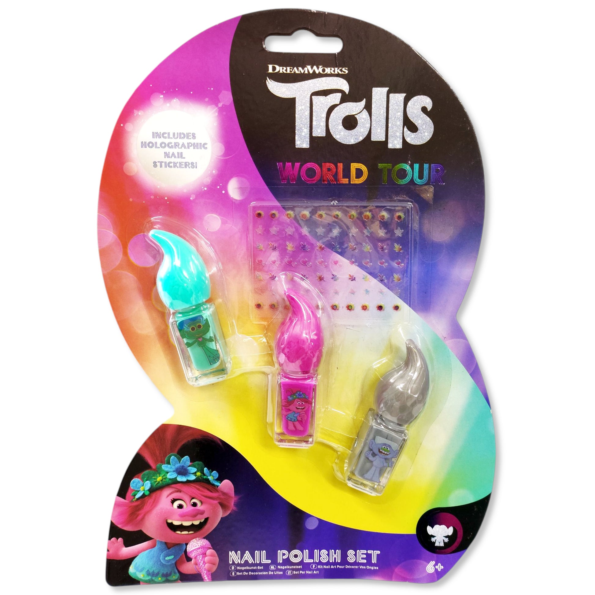 Trolls World Tour Nail Polish Set with pink, turquoise, grey polishes and stickers in blister pack