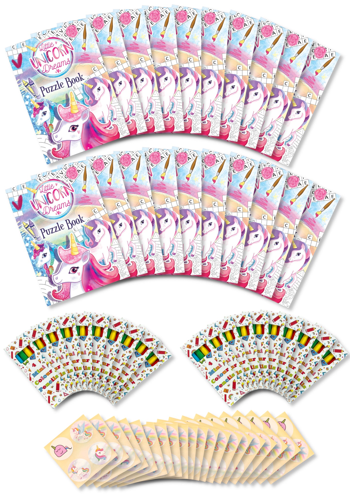 Assortment of 20 Themed Activity Books, 20 Sheets of Stickers and 20 Sets of Pencils - Anilas UK