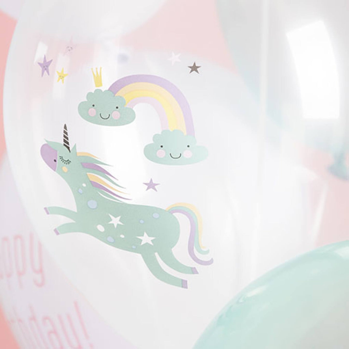 Detail of Unicorns & Rainbows latex balloons with mythical and rainbow motifs