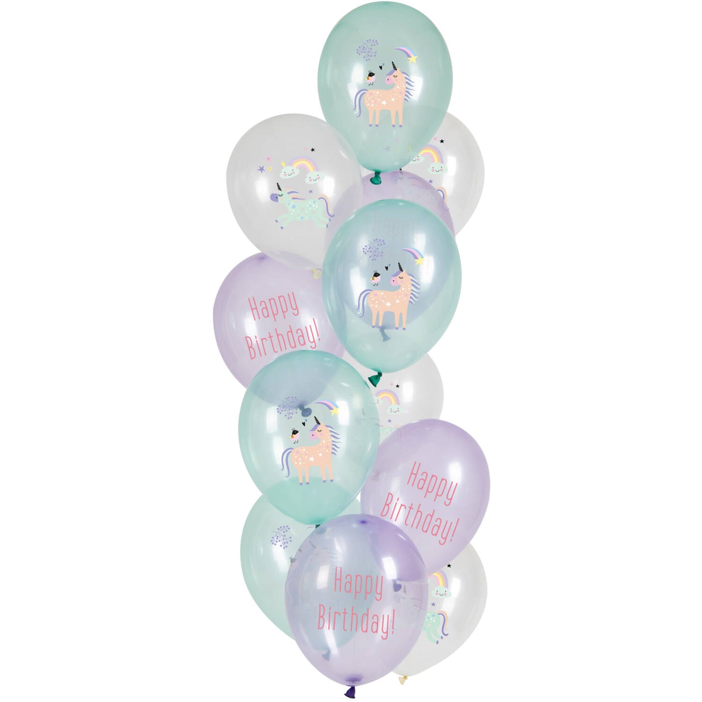 Unicorns & Rainbows 33cm Balloons pack of 12 showing multicoloured latex designs