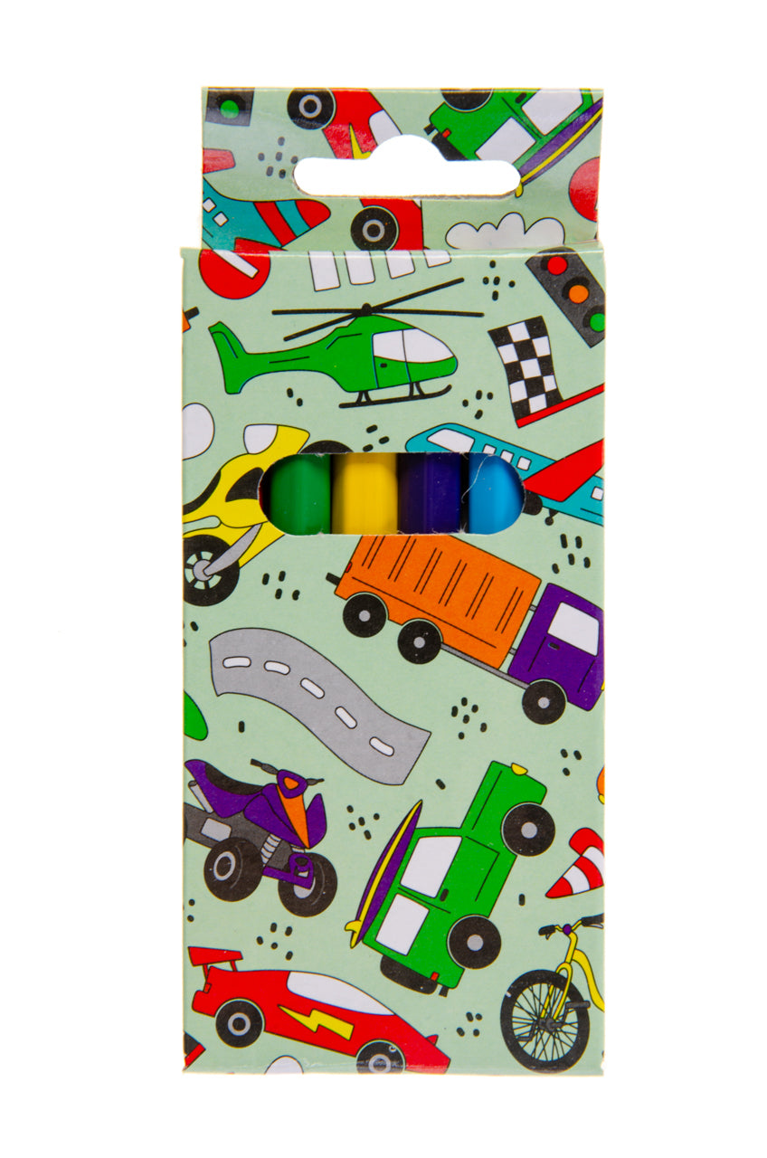 Close-Up of Vehicle-Themed Colouring Pencils with Car and Truck Box Design