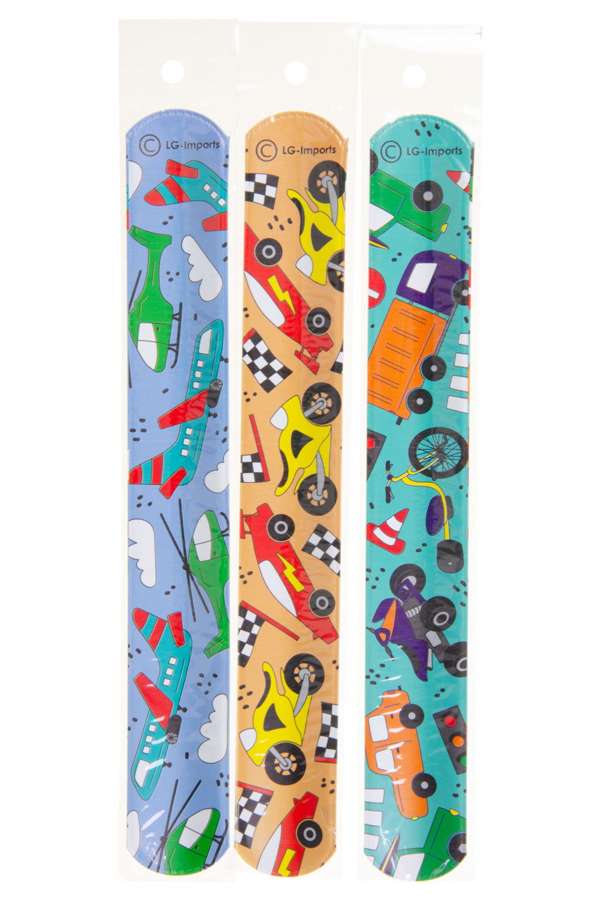 Close-Up of Vehicles Snap Bracelet with Car and Aircraft Patterns 