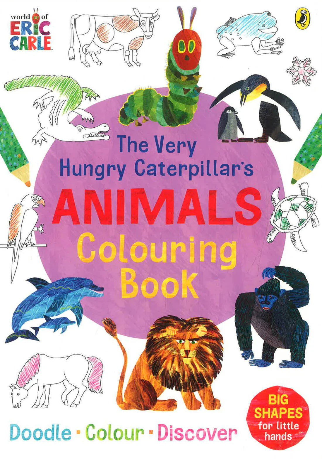 The Very Hungry Caterpillar Animals Colouring Book front cover with caterpillar and animal motifs on paperback A4 29.7x21cm, 16 pages for kids 3+ easy colouring