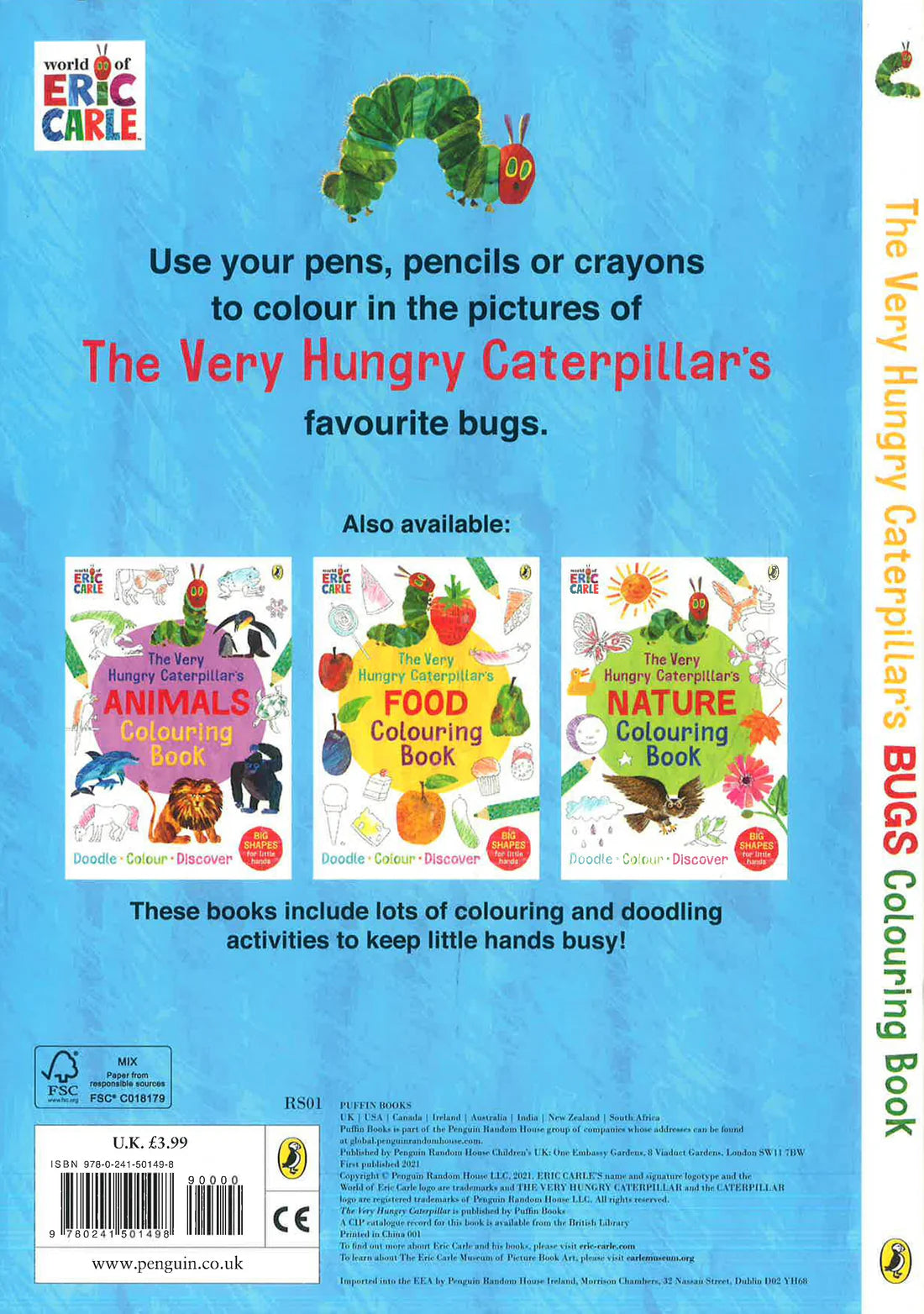 The Very Hungry Caterpillar Bugs Colouring Book back view showing sturdy soft cover and page details for simple, large-shape bug colouring fun