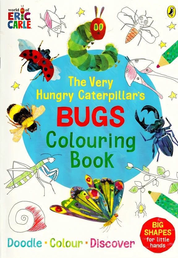 The Very Hungry Caterpillar Bugs Colouring Book front cover with caterpillar and bug motifs on paperback A4 29.7x21cm, 16 pages for kids 3+ easy colouring