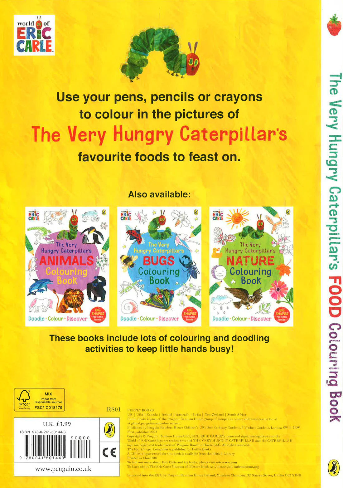 The Very Hungry Caterpillar Food Colouring Book back view showing sturdy soft cover and page details for simple, large-shape food colouring fun