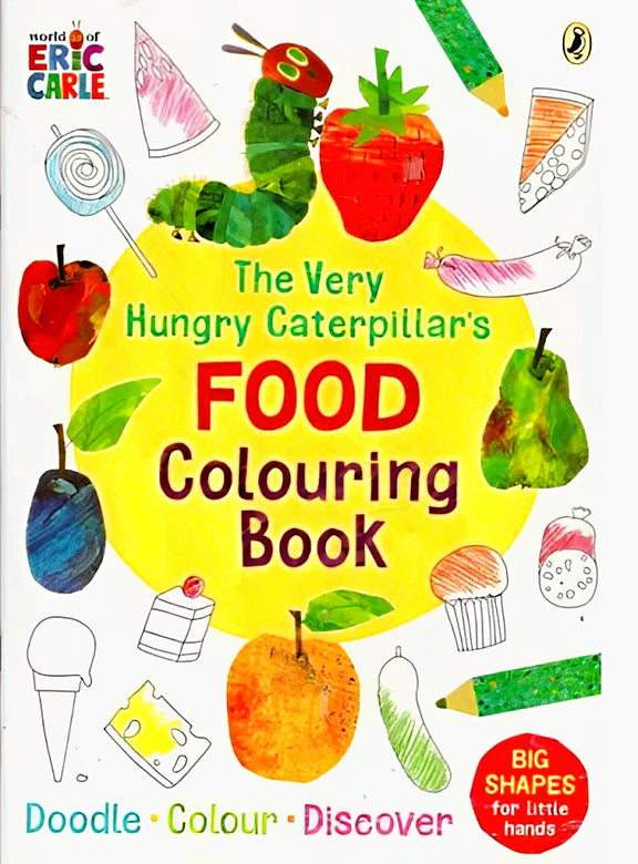 The Very Hungry Caterpillar Food Colouring Book front cover with caterpillar and yummy motifs on paperback A4 29.7x21cm, 16 pages for kids 3+ easy colouring