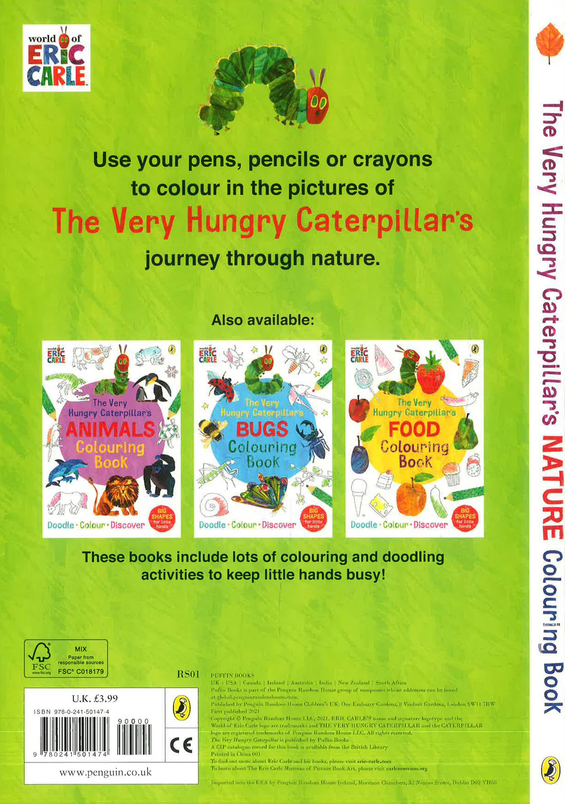 The Very Hungry Caterpillar Nature Colouring Book back view showing sturdy soft cover and page details for simple, large-shape colouring fun