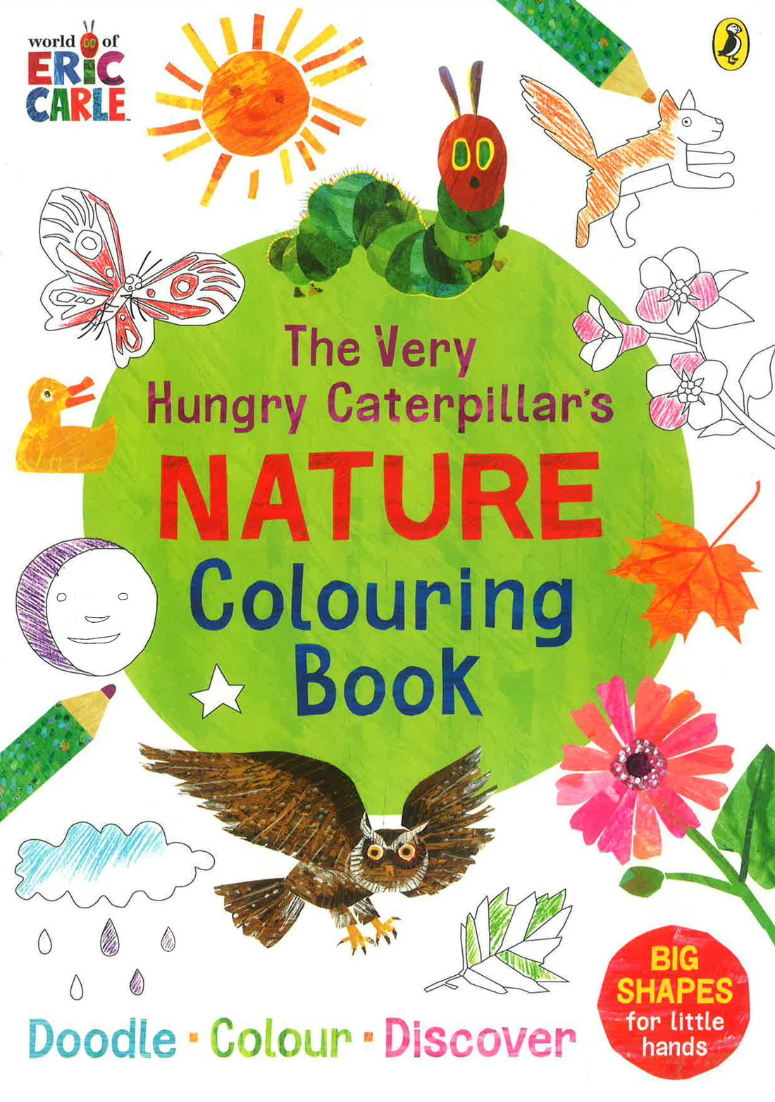 The Very Hungry Caterpillar Nature Colouring Book front cover with caterpillar and leafy motifs on paperback A4 29.7x21cm, 16 pages for kids 3+ easy colouring