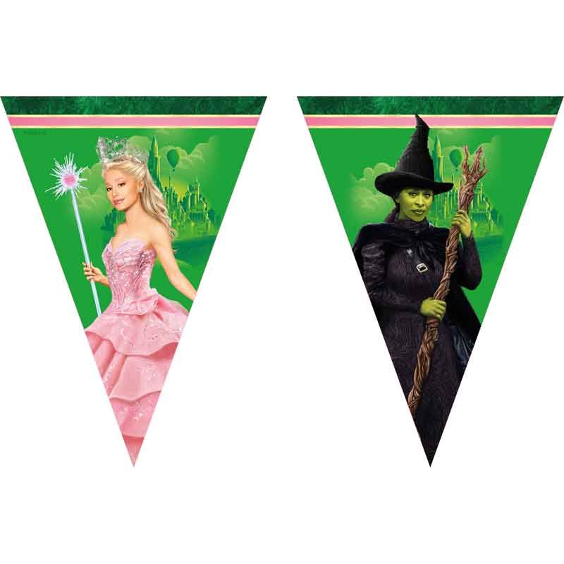 Wicked Flag Paper Banner 2.3m draped dramatically, highlighting Elphaba and Glinda motifs on FSC-certified paper for kids' magical party backdrops