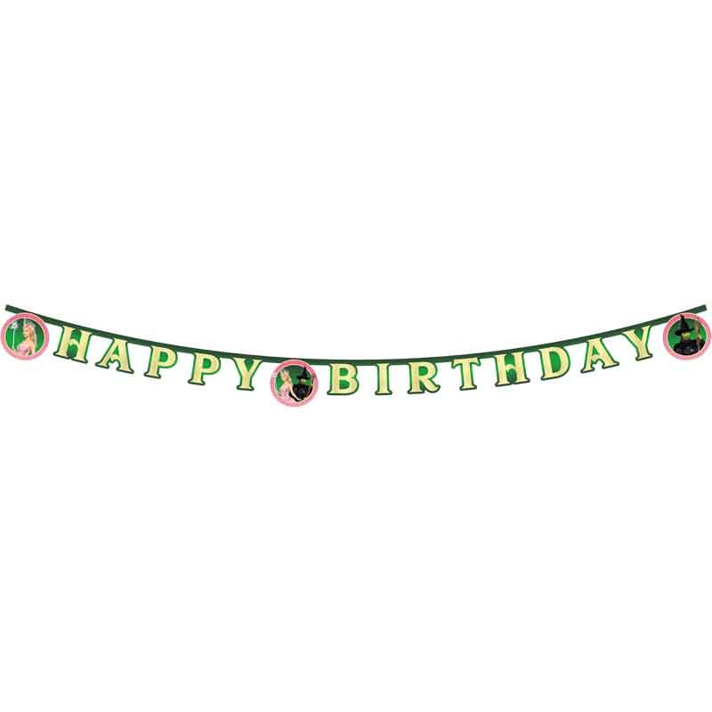 Wicked Happy Birthday Die-Cut Banner 2m strung festively, with Oz-inspired motifs on FSC-certified paper for kids' magical birthday decor