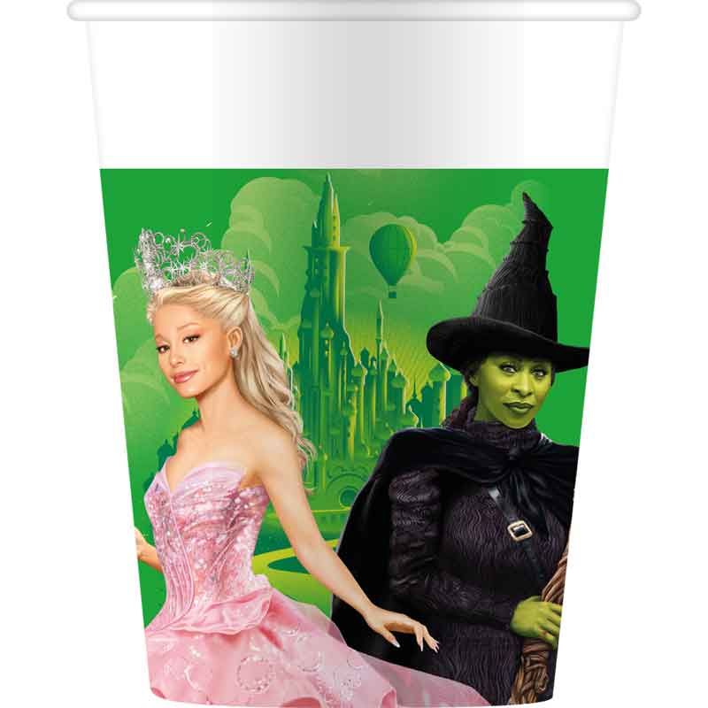 Wicked 200ml Paper Cups Pack of 8 stacked mystically, featuring Elphaba and Glinda designs on FSC-certified disposables for kids' magical sip adventures