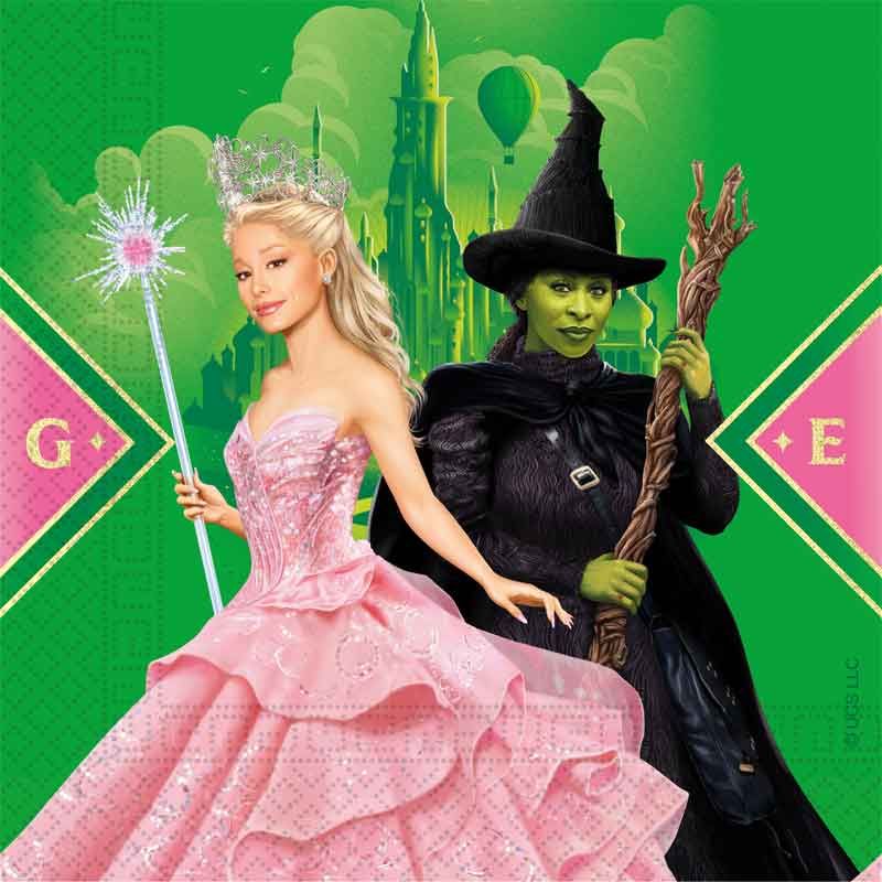 Wicked 2-Ply Paper Napkins Pack of 20 folded neatly, featuring vibrant Elphaba and Glinda designs on FSC-certified absorbent sheets for magical kids' parties