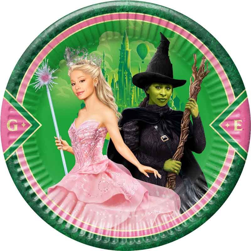 Wicked 23cm Paper Plates Pack of 8 arranged enchantingly, showcasing Elphaba and Glinda motifs on FSC-certified disposable circles for magical kids' parties