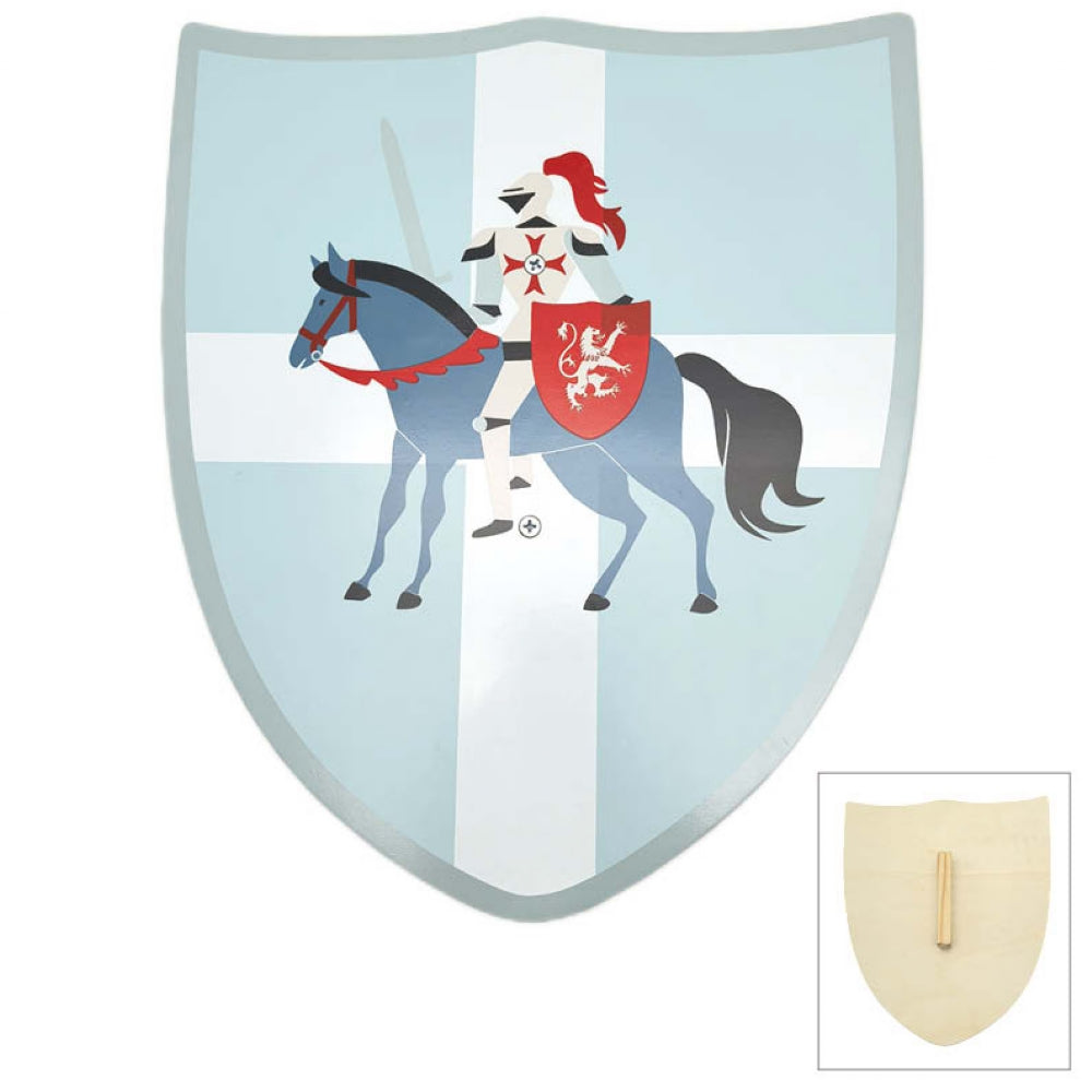 Wooden knight shield 34×29 cm – painted knight on horseback, wooden handle on back