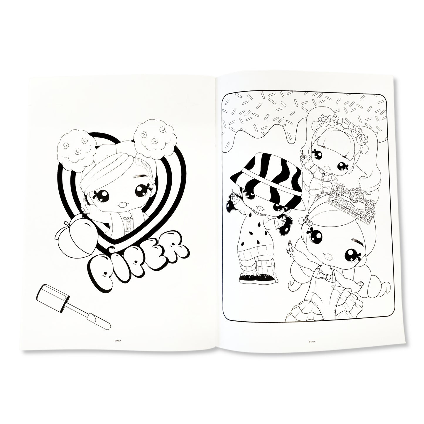 Inside view of YummiLand Colouring Book with 32 pages of food-themed illustrations