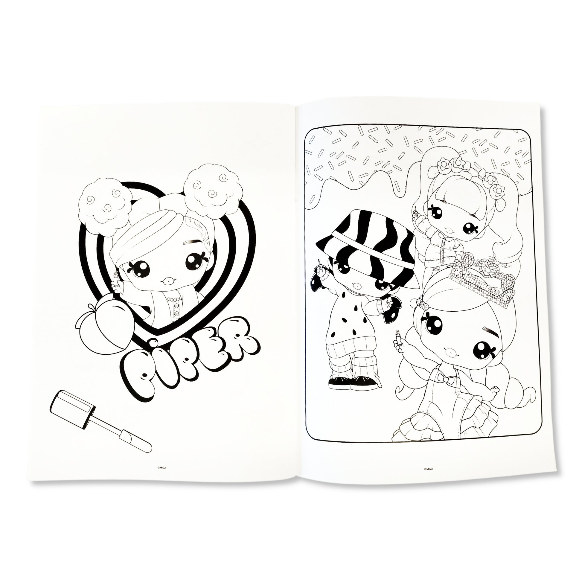 Inside view of YummiLand Colouring Book with 32 pages of food-themed illustrations