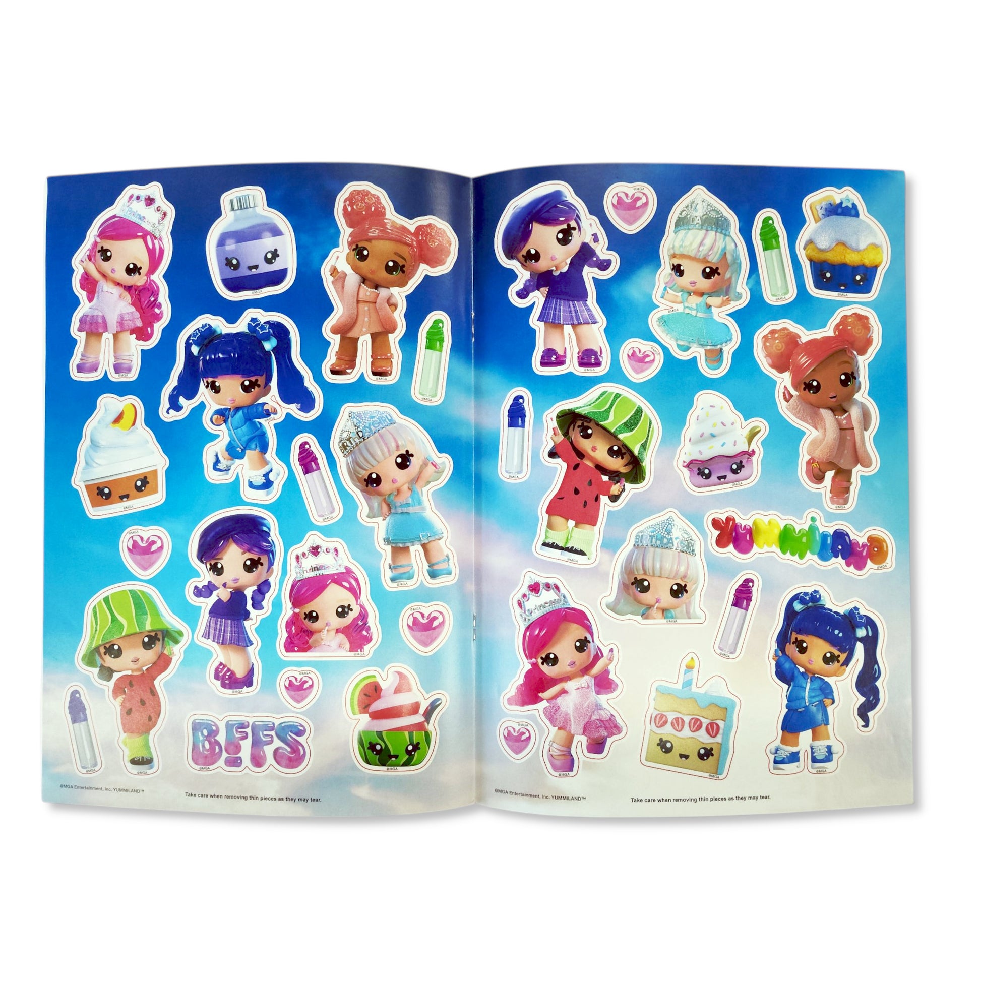 Inside view of Yummiland Sticker Book with colouring pages and sticker sheets