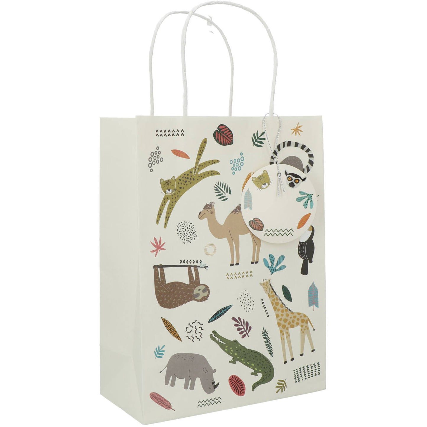 Close-Up of Zoo Party Gift Bag with Animal Print and Name Tag