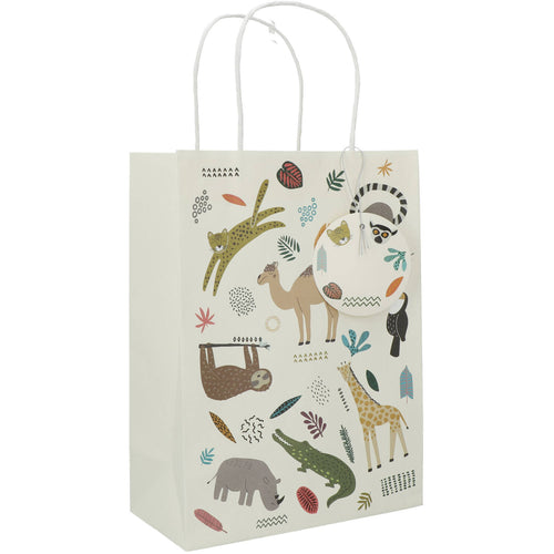 Close-Up of Zoo Party Gift Bag with Animal Print and Name Tag