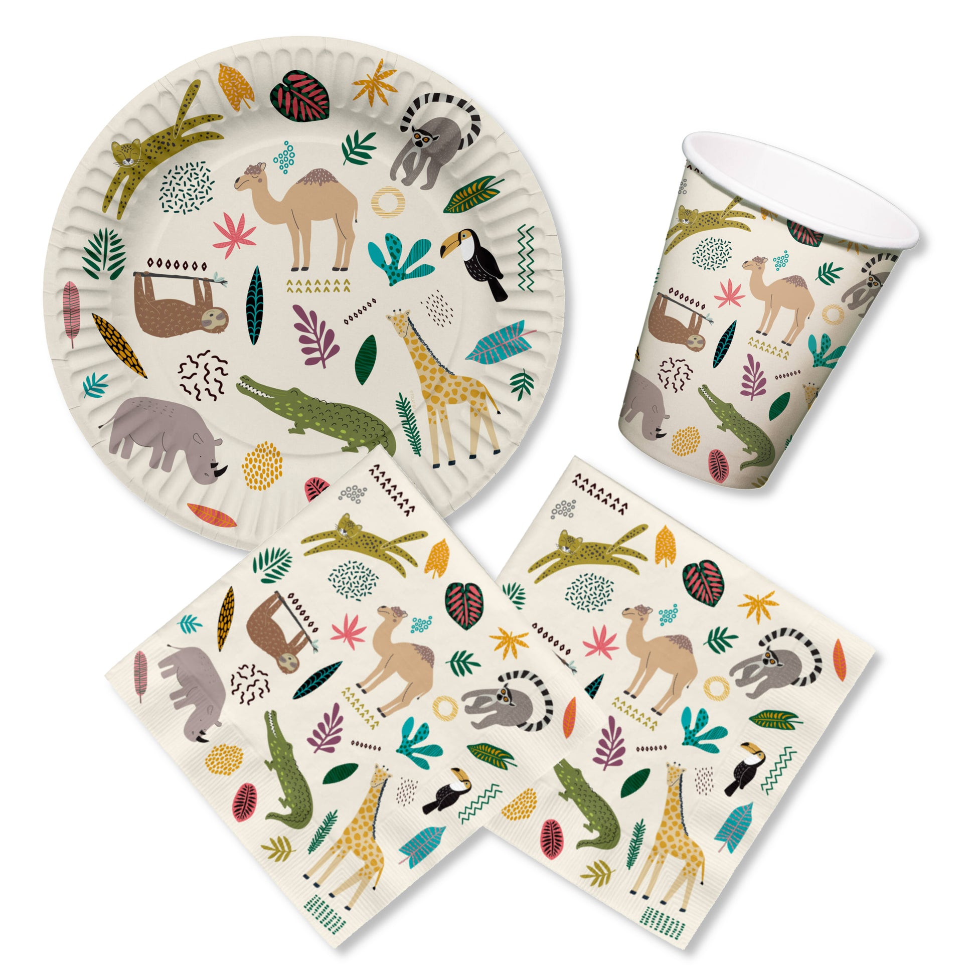 Anila's Zoo Party Pack for 16, 23 cm Plates, 250 ml Cups, Napkins for Kids’ Parties
